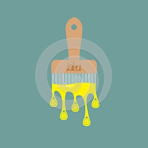 Paintbrush icon with yellow color drops. Light bulb lamp icon set. Flowing down dripping paint. Flat design Decoration element. Bl