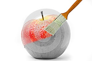 Paintbrush painting a fresh red wet apple which is partly black and white and partly colored