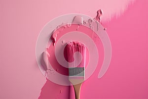 Paintbrush painting wall with pink paint. Interior improvement concept. Generative AI