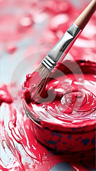 A paintbrush swirls in a can of red paint