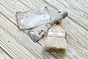 Paintbrush trowel sandpaper still life wood teak antique