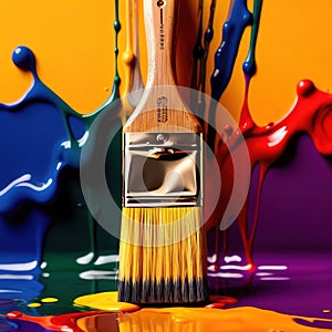 Paintbrush with vibrant splashing colors, showing artistic creativity and brilliance