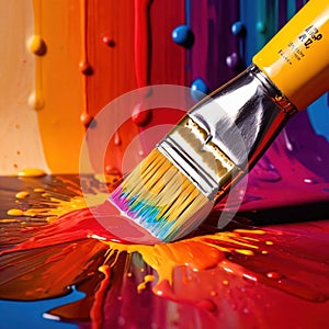 Paintbrush with vibrant splashing colors, showing artistic creativity and brilliance