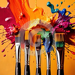 Paintbrush with vibrant splashing colors, showing artistic creativity and brilliance
