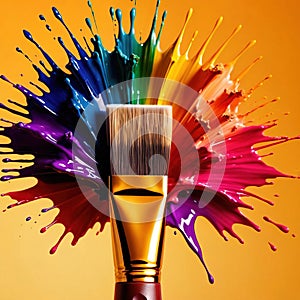 Paintbrush with vibrant splashing colors, showing artistic creativity and brilliance