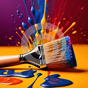 Paintbrush with vibrant splashing colors, showing artistic creativity and brilliance