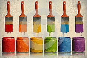 Paintbrushes Dripping into Paint Containers photo