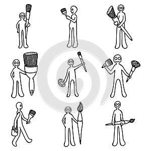Paintbrushes and people doodle icon set. Drawing sketch illustration hand drawn line
