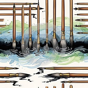 Paintbrushes in Water with Artistic Splashes