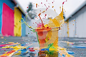 Paintbucket falling on the pavement, colorful paint splashing arround
