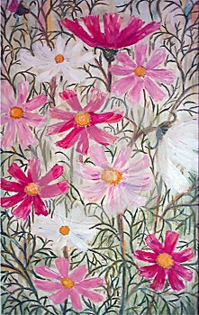 Painted abstract white and pink flowers in the garden