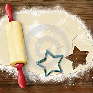 Painted baking background: dough, rolling pin, cookie cutters