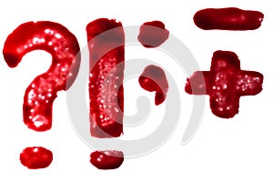 Painted in bloody paint symbol sign of question mark, exclamation mark set isolated on white background