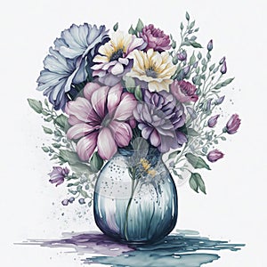 Painted bouquet of flowers in a glass vase