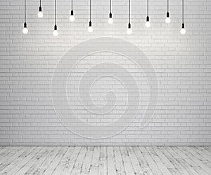 Painted brick wall and wooden floor with glowing light bulbs