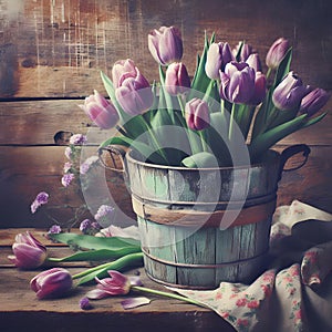 Painted bucket with purple tulips, vintage scene, wooden background.