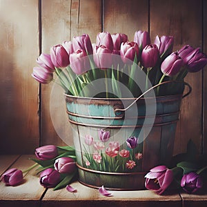 Painted bucket with purple tulips, vintage scene, wooden background.