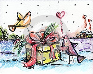 Painted card `Present with birds`