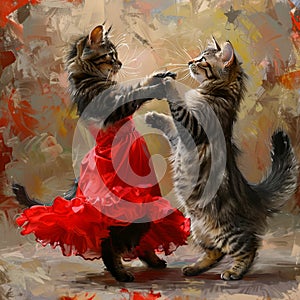 Painted Cats Dance Rumba, Cats Move Beautifully, Drawing Imitation, Abstract Generative AI Illustration