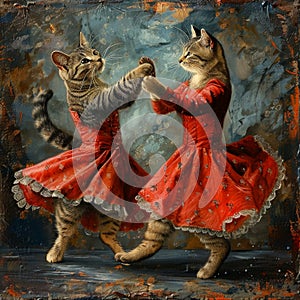 Painted Cats Dance Rumba, Cats Move Beautifully, Drawing Imitation, Abstract Generative AI Illustration