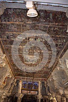 Painted ceiling with mythological stories . Virupaksha Temple, Hampi, Karnataka