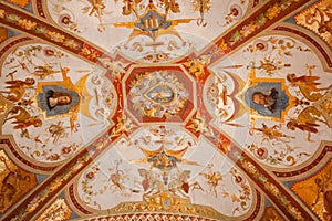 Painted ceilings of famous Bologna arcades in Italy photo