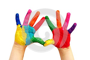 Bambino di mani dipinte di colori, vernici pronto per le stampe a mano.
