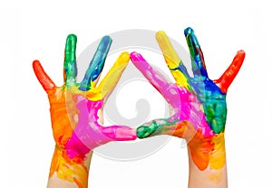 Painted child hands colorful fun isolated