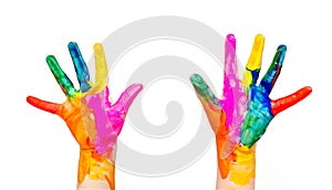 Painted child hands colorful fun isolated on white