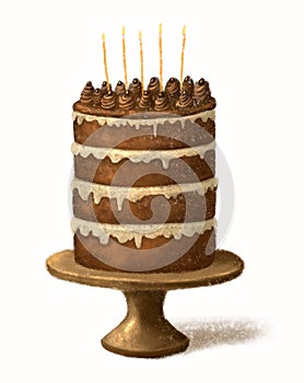 Painted chocolate birthday cake with light cream, chocolate decorations on top and burning candles, standing on a wooden stand.