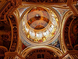 Painted on Christian themes from Bible stories, the dome of St. Isaac`s Cathedral in the city of St. Petersburg