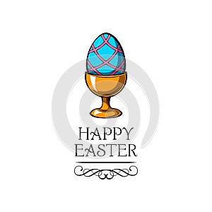 Painted colored egg. Easter egg holder, egg-cup. Happy Easter holiday card. Vector