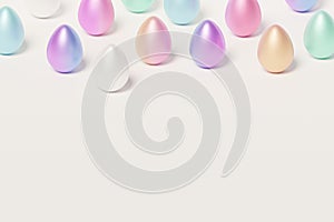 Painted colorful Easter eggs, white background, spring April holidays card, 3d illustration render