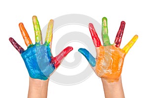 Painted colorful hands of kid on white background