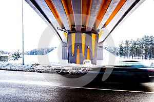 Painted construction lines under the bridge at winter in Vilnius Lithuania
