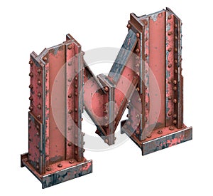 Painted construction of steel beams font. Letter M.