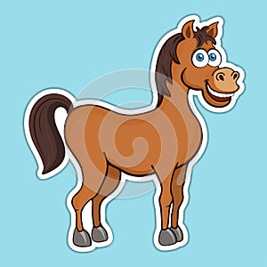 Painted cute funny brown smiling horse sticker, design element, print, colorful hand drawing, cartoon character, vector illustrati
