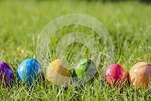 Painted decorated colorful Easter eggs in Fresh Green Grass with copy space, spring Happy Easter concept. Beautiful