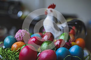 Painted and decorated easter eggs, colorful and abstract composition.