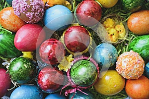 Painted and decorated easter eggs, colorful and abstract composition.