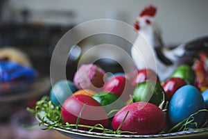 Painted and decorated easter eggs, colorful and abstract composition.