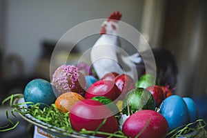 Painted and decorated easter eggs, colorful and abstract composition.