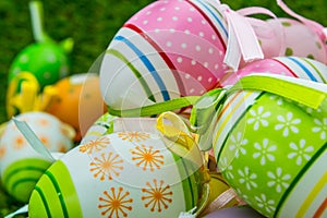 Painted decorated Easter eggs and decorated Easter whip