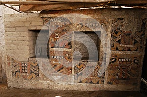 Painted decoration on the huaca wall of the Chimu civilization El Brujo archaeological site with geometric