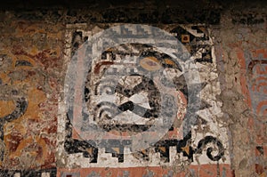 Painted decoration on the huaca wall of the Chimu civilization El Brujo archaeological site with geometric