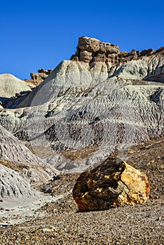 The Painted Desert on a sunny day. Diverse sedimentary rocks and clay washed out by water. Petrified Forest National Park, USA,