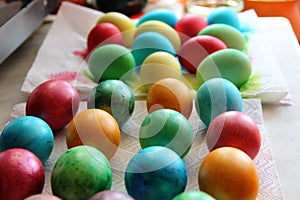 painted in different colors Easter eggs. lots multicolor easter eggs in row
