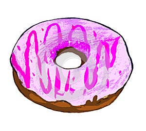 A painted doughnut in pink icing on a white background