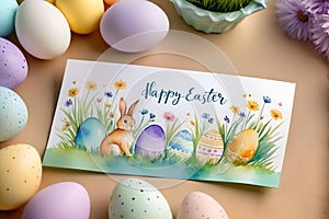 Namalovaný velikonoce karta nápis šťastný velikonoce ležící na stůl obklopen podle namalovaný velikonoce vejce 