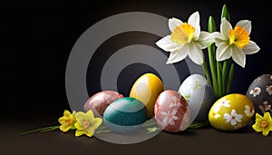 Painted Easter eggs with daffodil flowers on dark elegant background